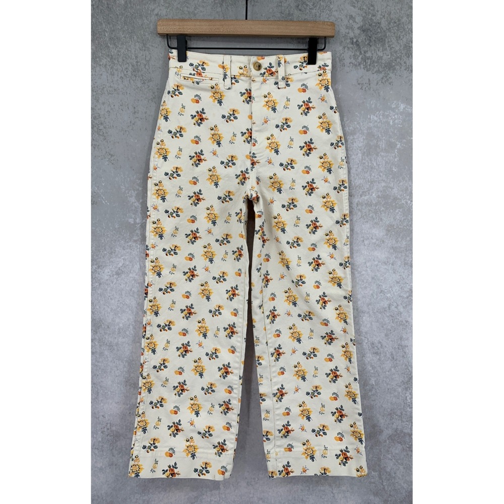 Madewell Wide Leg Pants Women 24 White Yellow Floral High Rise Crop Trousers
